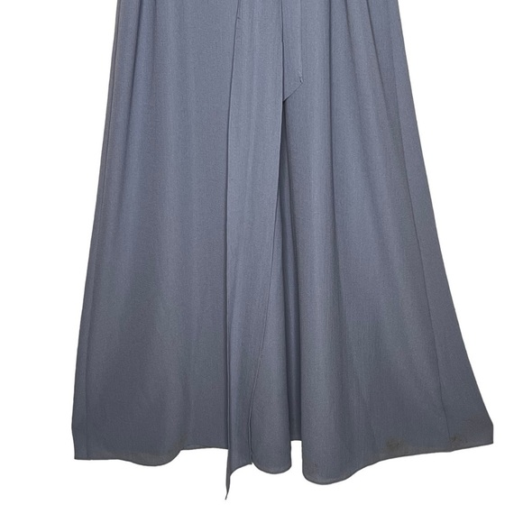 Halston Dusty Blue V Neck Ruffle Split Maxi Wrap Dress Gown Size L Short Sleeve - Picture 12 of 13